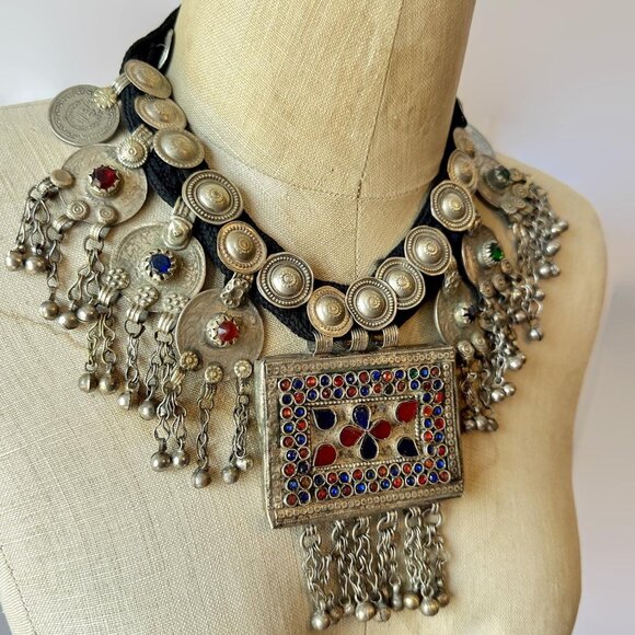 Afghan Necklace, Middle Eastern, Vintage Belly Dance Boho Coins Jewels Statement - Picture 5 of 6